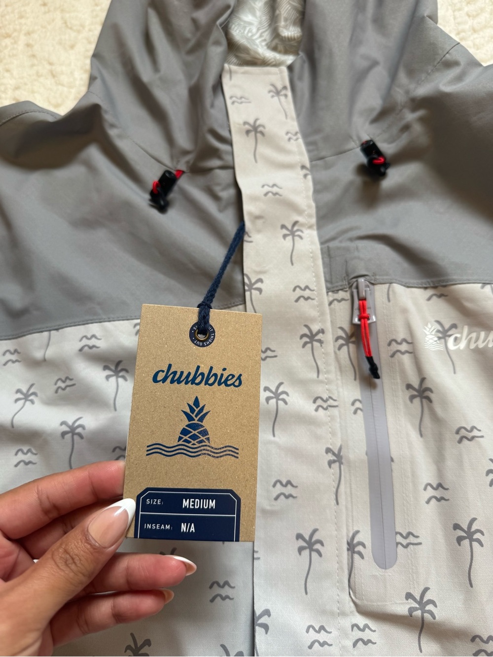 Chubbies palm tree print rain jacket Hooded Light Gray The Surf Signal Medium - Picture 2 of 12